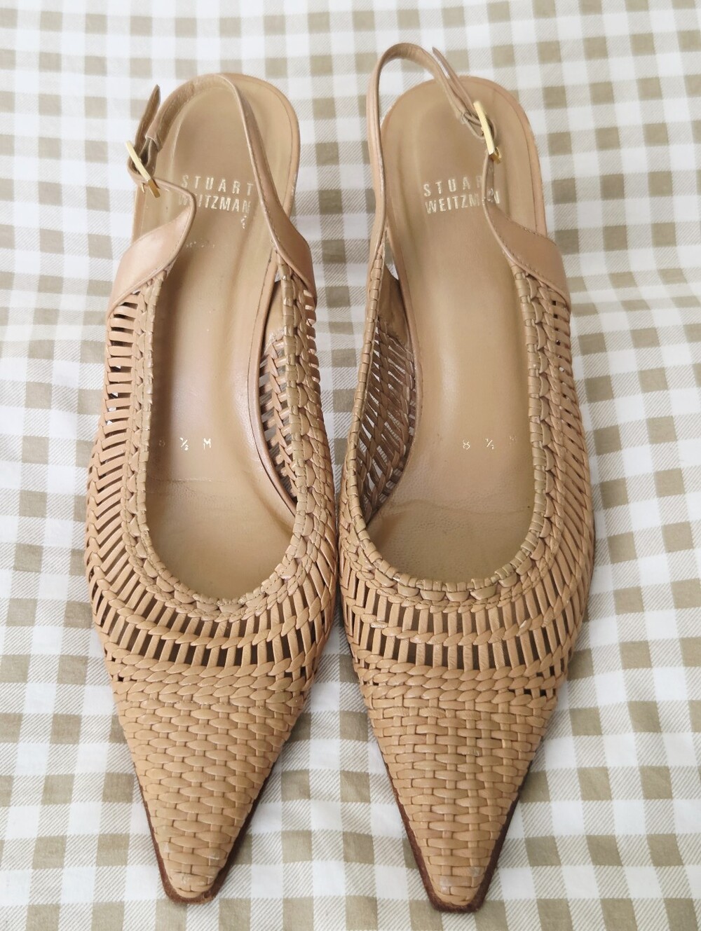 Stuart Weitzman Tan Woven Pointed-Toe Slingback Heels, sz 8.5
